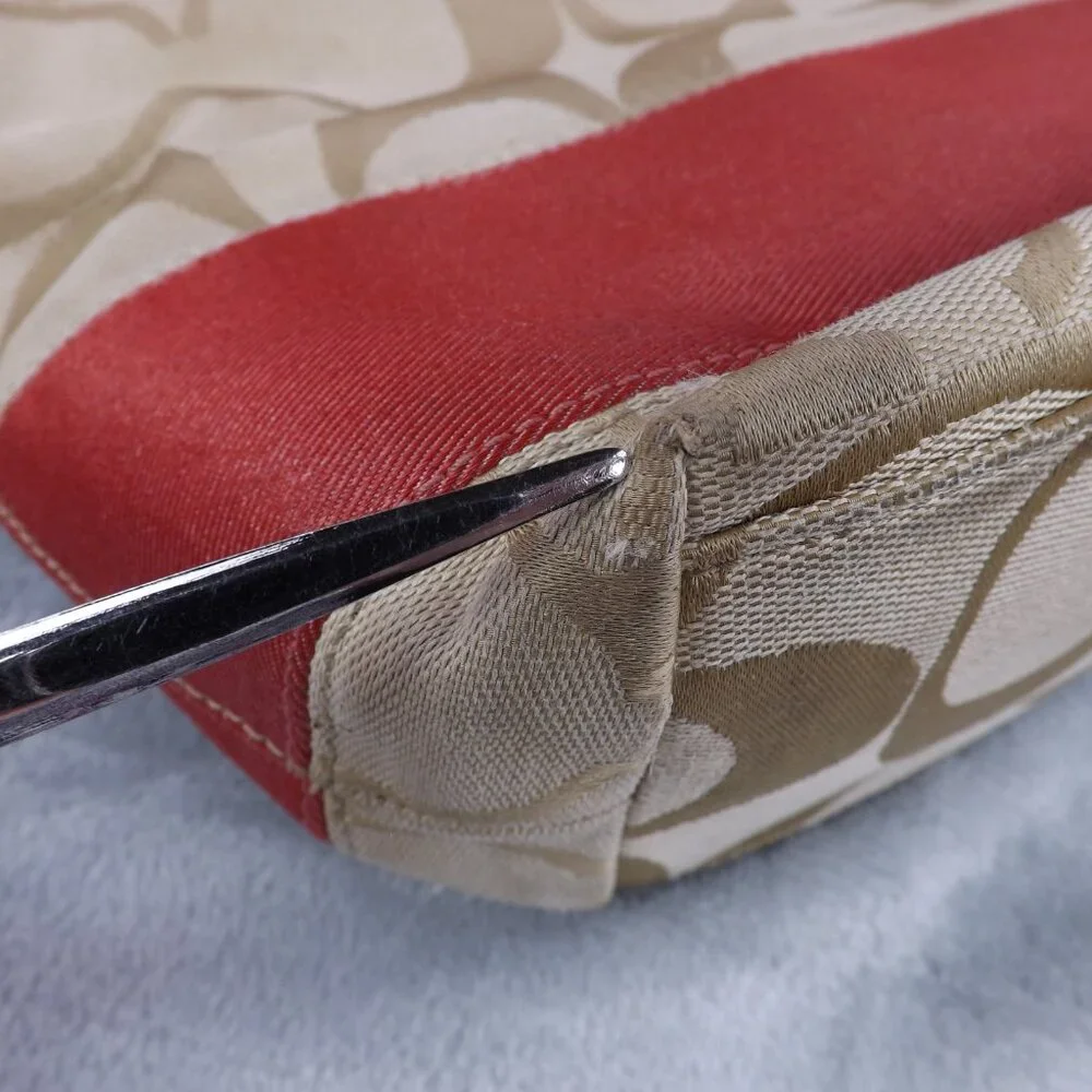 Coach Signature Stripe Tote/Bag/Purse Pink & Khaki Leather & Canvas E1020-F15112